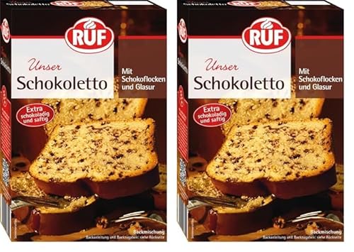 RUF Schokoletto, Backmischung mit Kakaoglasur für einen saftigen Rührkuchen, heller Rührteig mit zarten Schokoladen-Flocken (Packung mit 2) von RUF