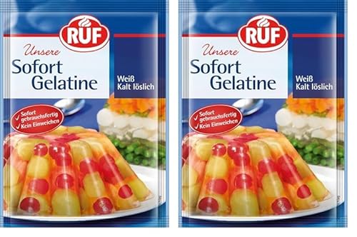 RUF Sofort-Gelatine, Gelatinepulver kalt löslich, Speise-Gelatine ohne Einweichen und Erhitzen, Pulver-Gelatine für Desserts, zum Backen & Kochen (Packung mit 2) von RUF