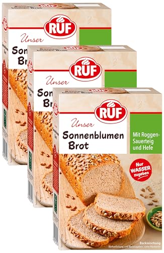 RUF Sonnenblumen Brot, nur Wasser hinzufügen, Brotbackmischung mit Sonnenblumenkernen, Brotteigmischung mit Roggen-Sauerteig und Hefe für Sonnenblumenkernbrot, 1 x 410g (Packung mit 3) von RUF