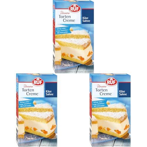 RUF Torten-Creme Käse Sahne, Creme für Käse Sahne Füllung, für Torten, Bikuit-Rollen und Cup Cakes, lange schnittfest, mit Puderzucker (Packung mit 3) von RUF