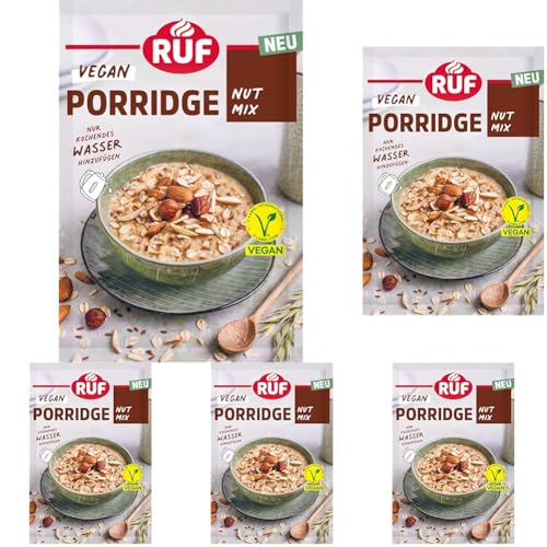 RUF Veganes Porridge Nuts & Oats, Oatmeal mit Mandeln, Haselnüssen & Leinsamen, einfache Zubereitung, im praktischen Portionsbeutel, 1 x 60 g (Packung mit 5) von RUF