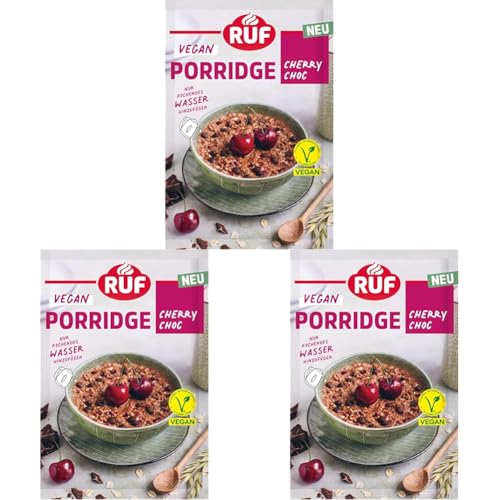 RUF Veganes Porridge Oat Cherry Choc, Oatmal mit Zartbitter-Schokolade & Kirschen, einfache Zubereitung, im praktischen Portionsbeutel, 1 x 60 g (Packung mit 3) von RUF