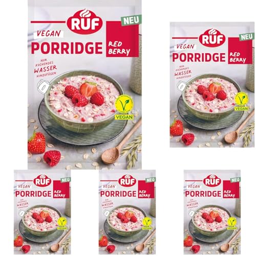 RUF Veganes Porridge Red Berry Oats, Haferbrei mit Erdbeeren & Himbeeren, einfache Zubereitung, Oatmeal im praktischen Portionsbeutel, 1 x 60 g (Packung mit 5) von RUF