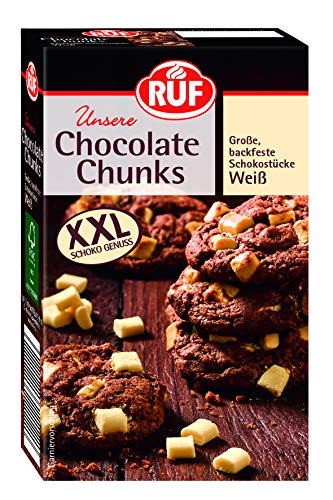 RUF White Chocolate Chunks, backfeste weiße Schokoladen-Tropfen, XXL Schoko-Drops zum Backen, Schokoladen-Stücke, Chocolate Chips, 12er Pack (12x100g) von RUF