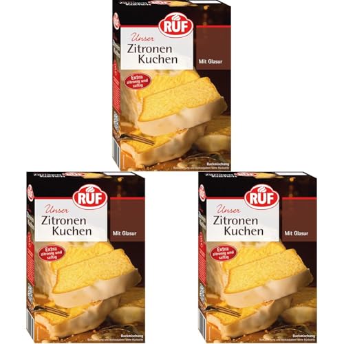 RUF Zitronen-Kuchen, Backmischung mit Zitronen-Glasur, fruchtig frisch mit natürlichem Zitronen-Aroma für einen saftigen Rührkuchen (Packung mit 3) von RUF