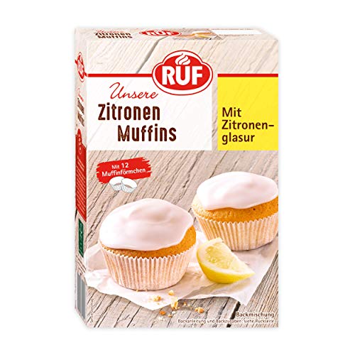 RUF Zitronen Muffins, schnelle Backmischung für klassische Muffins mit Zitronenglasur, mit 12 Muffinförmchen, fruchtig-frischer Mini-Kuchen, 8er Pack (8x410g) von RUF