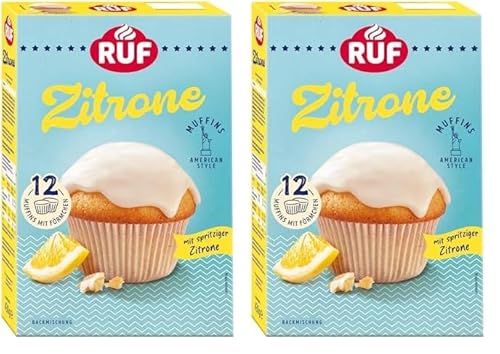 RUF Zitronen Muffins Backmischung, fruchtige American Style Muffins mit Zitronenglasur, einfache Zubereitung, 12 Muffin-Förmchen inklusive (Packung mit 2) von RUF