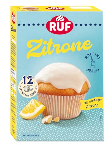 RUF Zitronen Muffins Backmischung, fruchtige American Style Muffins mit Zitronenglasur, einfache Zubereitung, 12 Muffin-Förmchen inklusive von RUF