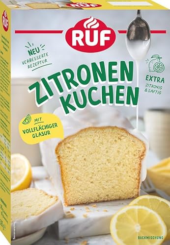 RUF Zitronenkuchen, Backmischung für einen Kastenkuchen aus besonders zitronigem Rührteig mit vollflächiger Glasur von RUF