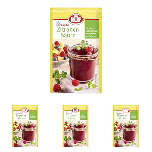 RUF Zitronensäure, zum Gelieren & Konservieren von Konfitüren, als Geschmack-Abrundung für Obst-Salate & Salatsoßen, zum Reinigen & Entkalken, 6 x 5g (Packung mit 4) von RUF