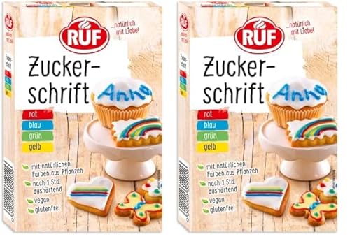 RUF Zucker-Schrift, 4 natürliche Farben aus Pflanzenextrakt, Dekor-Schrift für Plätzchen, Fondant, Glasur und Zuckerguss, Tortendeko glutenfrei & vegan, 4 x 25g (Packung mit 2) von RUF