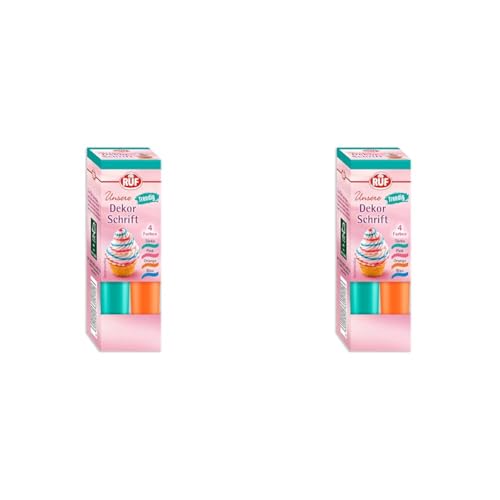 RUF Zucker-Schrift in bunten Trend-Farben, 4 Tuben Dekor-Schrift in Türkis, Pink, Orange & Blau, zum Verzieren von Torten, Muffins & Fondant, 4 x 25g (Packung mit 2) von RUF