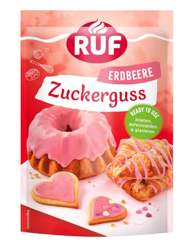 RUF Zuckerguss Erdbeer, sofort anwendbar als Glasur für Kuchen und Gebäck, fruchtig süßer Erdbeer-Genuss, 1 x 150g von RUF