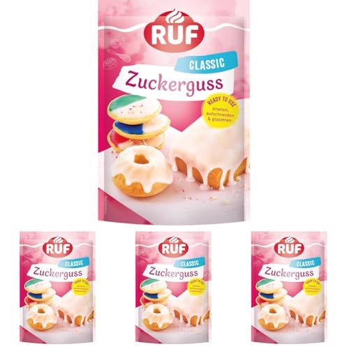 RUF Zuckerguss fertig, ohne Anrühren sofort einsetzbar, Glasur für Plätzchen & Kuchen, als Basis Zucker-Glasur oder zum Einfärben & Aromatisieren, 1 x 150g (Packung mit 4) von RUF