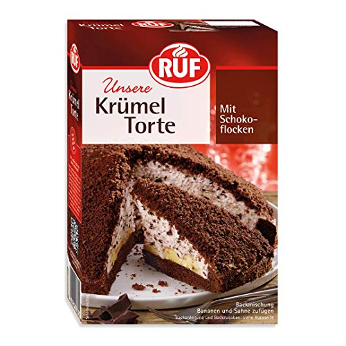 RUF Krümeltorte, Torten-Backmischung für einen schokoladigen Maulwurfkuchen mit Sahne-Füllung, Schokoladenflocken und Bananen, 8er Pack, 8 x 425g von RUF