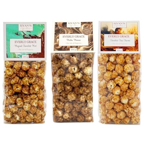 Everly Grace Popcorn Chocolate Bundle – je 100 g, Schokoladen-Popcorn-Tüten-Set mit Magical Chocolate Mint, Mocha Mousse & Chocolate Chai Charme, Handgefertigt in Deutschland, Perfekt zum Genießen von Everly Grace