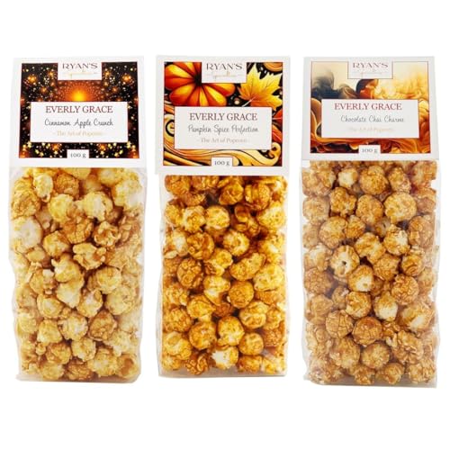 Everly Grace Popcorn Fall Bundle – Pumpkin Spice Perfection, Cinnamon Apple Crunch, Chocolate Chai Charme, je 100 g Popcorn-Tüten aus unserer Manufaktur in Augsburg, Deutschland von RYAN'S Specialties