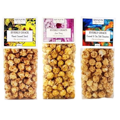 Everly Grace Popcorn Originals Bundle – Caramel & Sea Salt Sensation, Peanut Caramel Swirl, Love Story, je 100 g Popcorn-Tüten aus unserer Manufaktur in Augsburg, Deutschland von RYAN'S Specialties