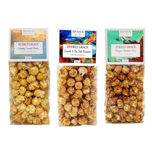 Everly Grace Popcorn Spring Bundle – Caramel&Sea Salt Sensation, Crunchy Caramel Clouds, Magical Chocolate Mint, je 100 g Popcorn-Tüten aus unserer Manufaktur in Augsburg, Deutschland von RYAN'S Specialties