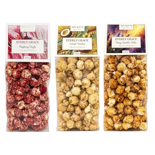 Everly Grace Popcorn Summer Bundle, je 100 g Sommerliche Gourmet-Popcorntüten mit Raspberry Drizzle, Coconut Paradise & Sunny Lavender Fields, Handgefertigt in Deutschland, Fruchtig, blumig & exotisch von Everly Grace