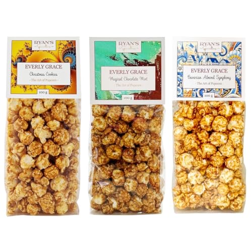 Everly Grace Popcorn Winter Bundle – Christmas Cookie, Bavarian Almond Symphony, Magical Chocolate Mint, je 100 g Popcorn-Tüten aus unserer Manufaktur in Augsburg, Deutschland von RYAN'S Specialties