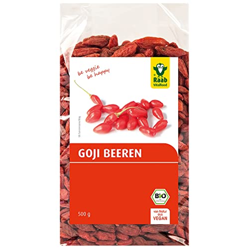 Raab Vitalfood Bio Goji-Beeren, Premium-Qualität, rückstandskontrolliert, laborgeprüft, ungeschwefelt, ohne Zusätze, vegan, reich an natürlichem Eisen Kalium Vitamin C, Wolfsbeere, 1er Pack (500 g) von Raab Vitalfood