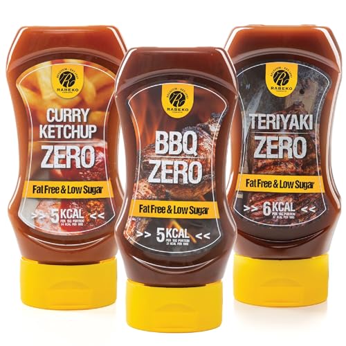 Rabeko Zero Sauce -mix American BBQ/Teriyaki/Curry-Ketchup, 3 x 350ml ohne Zucker & wenig Fett - gesunde Low Carb Produkte kalorienreduziert fettreduziert für Salat, Grill - Gluten und Laktosefrei von Rabeko Products