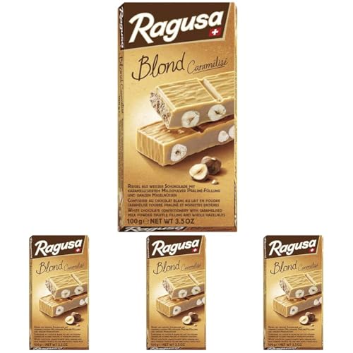 Ragusa Blond Tafel 100g Weiße Schokolade mit karamellartigem Geschmack und ganzen Haselnüssen Original Schweizer Schokolade (1 x 100g) (Packung mit 4) von Ragusa