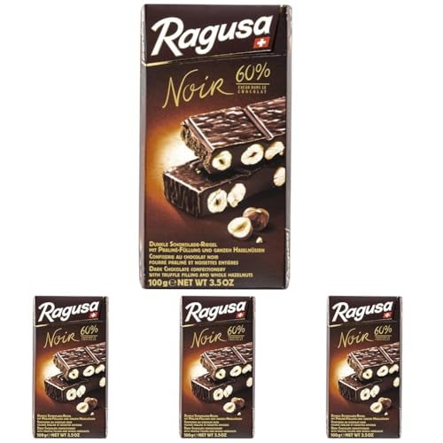 Ragusa Noir Tafel 100g – Die dunkle Variante mit 60 Prozent Kakaoanteil und ganzen Haselnüssen – Original Schweizer Schokolade (1 x 100g) (Packung mit 4) von Ragusa