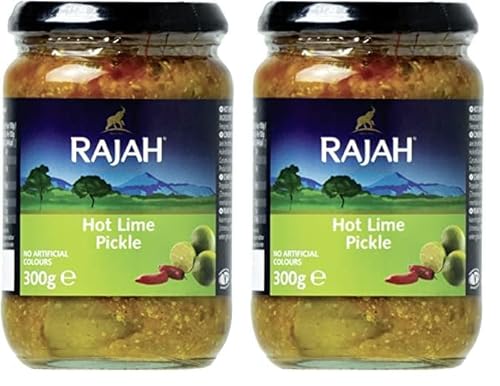 Rajah Hot Lime Pickle – Scharf eingelegte Limetten – Ideal als Begleitung zu Curry, Fleisch, Käse, Poppadums & Vorspeisen – 1 x 300 g (Packung mit 2) von Rajah