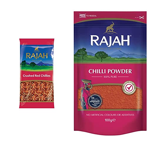 Rajah geschrotete Chilis – Chiliflocken zum Würzen und Kochen – 1 x 200 g & Chili – Chilipulver zum Würzen und Kochen – 1 x 100 g von Rajah