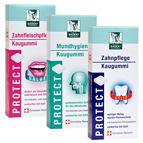 BADERs PROTECT Funktions-Kaugummi aus der Apotheke. Drei Sorten. Mundhygiene, Zahnpflege und Zahnfleischpflege. 3 x 20 Kaugummi-Quadrate im Blister. von Ralf BADERs Gesundheit