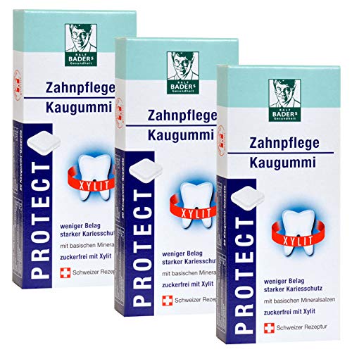 BADERs PROTECT Zahnpflege-Kaugummi aus der Apotheke. Weniger Zahnbelag, weißere Zähne. Zuckerfrei mit 100% Xylit. 3 x 20 Kaugummi-Quadrate von Ralf BADERs Gesundheit