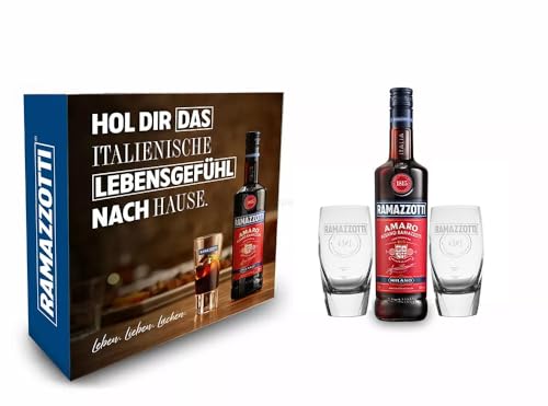 Ramazzotti Geschenkset - Ramazzotti Amaro Milano 0,7L (30% Vol.) + 2 Ramazzotti Crema Gläser Bauchig - [Enthält Sulfite] von Ramazzotti