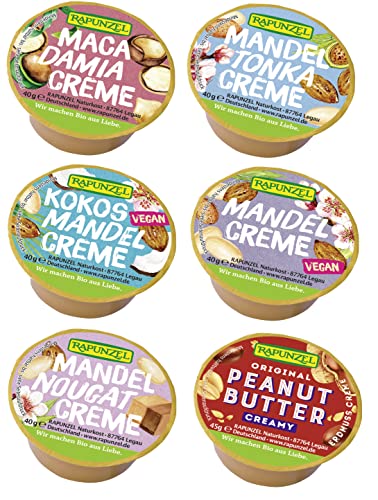 Rapunzel Naturkost Brotaufstriche – 6 Bio-Aufstriche Probier Set Probiermix mit veganen Sorte: Kokos-Mandel-Creme, Macadamia-Creme, Mandel-Nougat-Creme, Mandel-Tonka-Creme, Peanutbutter Creamy von Rapunzel