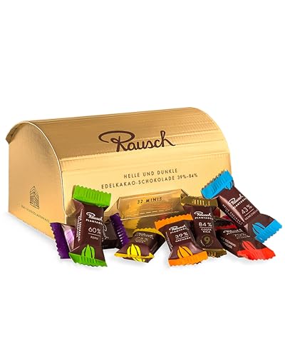 Rausch Plantagen Goldbox – Goldene Box gefüllt mit 32 Minis Schokolade aus purer Edelschokolade 39-84% – Schokolade aus aller Welt – Schokoladen Geschenkset von Rausch