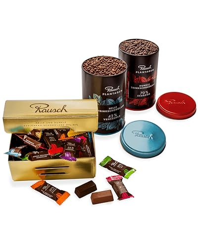 Rausch Plantagen Goldbox – Goldene Box gefüllt mit 32 Minis und 2 Dosen Trinkschokolade helle und dunkle Edelschokolade – Schokolade aus aller Welt – Schokoladen Geschenkset von Rausch