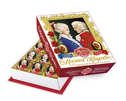 Reber Wolfgang & Constanze Mozart-Kugeln Barock, 12er Packung, Mozart-Kugeln aus Zartbitter- Alpenmilch-Schokolade, Gefüllt mit Pistazien, Marzipan, Mandeln, Haselnuss-Nougat, 240g (12 Mozart-Kugeln) von Reber