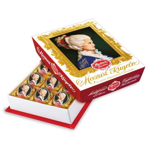 Reber, Constanze Mozart-Kugeln Barock, 15er Packung, Mozart-Kugeln aus Alpenmilch Schokolade, Gefüllt mit Pistazien, Marzipan, Mandeln, Haselnuss-Nougat, 300g (15 Constanze Mozart-Kugeln) von Reber