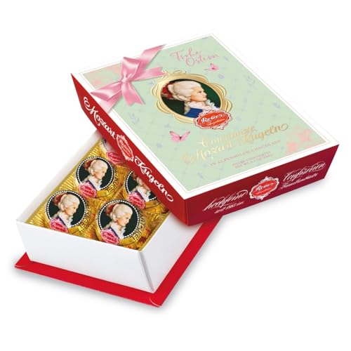 Reber, Constanze Mozart-Kugeln Barock, 6er Osternpackung, Mozart-Kugeln aus Alpenmilch- und Zartbitter-Schokolade, Gefüllt mit Pistazien-Marzipan, Mandeln und Haselnuss-Nougat, 120g (6 Mozart-Kugeln) von Reber