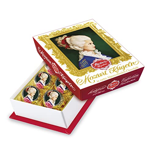 Reber, Constanze Mozart-Kugeln Barock, 6er Packung, Mozart-Kugeln aus Alpenmilch Schokolade, Gefüllt mit Pistazien, Marzipan, Mandeln, Haselnuss-Nougat, 120g (6 Constanze Mozart-Kugeln) von Reber