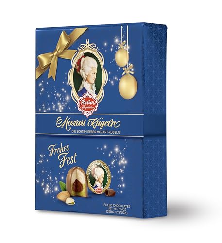 Reber, Constanze Mozart-Kugeln Barock in Weihnachtsverpackung, 12er Packung, Mozart-Kugeln aus Alpenmilch Schokolade, Gefüllt mit Pistazien, Marzipan, Mandeln, Haselnuss-Nougat, 240g 12er packung von Reber