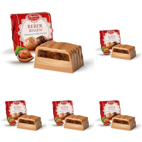 Reber Bissen Trüffel Schokolade Pastete, Weinbrand-Trüffel auf Sahne-Nougat, Umhüllt mit zarter Alpenmilch-Schokolade, 40g (1 Stück) (Packung mit 5) von Reber