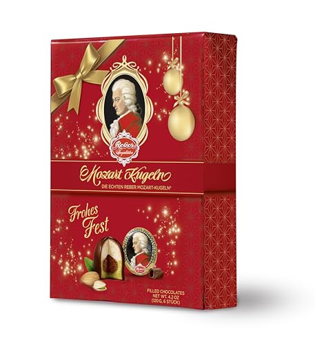 Reber Echte Reber Mozart-Kugeln, Weihnachts-Edition, Pralinen aus Zartbitter-Schokolade, Marzipan, Nougat, Ideales Weihnachtspräsent, 12er-Packung von Reber