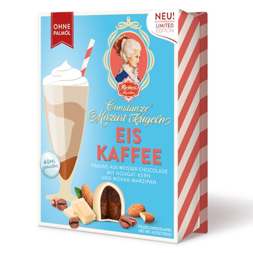 Reber Eiskaffee Constanze Mozart-Kugeln Barock, 6er Packung, Mozart-Kugeln aus Weiße Schokolade mit Mokka Marzipan, Gefüllt mit Pistazien, Marzipan, Mandeln, Haselnuss-Nougat, 120g (6 Mozart-Kugeln) von Reber