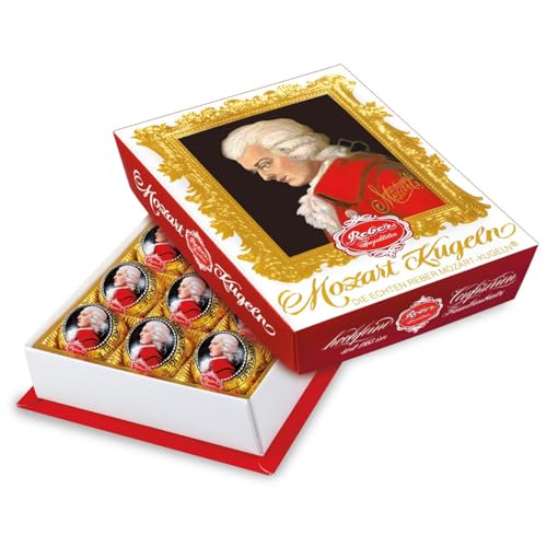 Reber, Mozart-Kugeln Barock, 12er Packung, Mozart-Kugeln aus Zartbitter-Schokolade, Gefüllt mit Pistazien-Marzipan, Mandeln und Haselnuss-Nougat, 240g (12 Mozart-Kugeln) von Reber