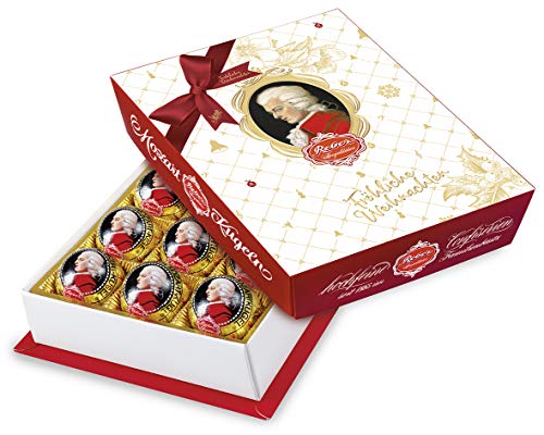 Reber Mozart-Barock – 12er Packung in der Weihnachts-Edition – Echte Reber Mozart-Kugeln aus Zartbitter-Schokolade, Marzipan und Nougat von Reber