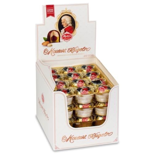 Reber Mozart-Kugeln, 48er Aufstellkarton, Mozart-Kugeln aus Zartbitter-Schokolade, Gefüllt mit Pistazien-Marzipan, Mandeln und Haselnuss-Nougat, 960g (48 Mozart-Kugeln) von Reber