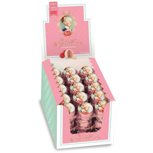 Reber Weiße Constanze Mozart-Kugeln Himbeere, Pralinen aus weißer Schokolade, Marzipan, Nougat, Tolles Geschenk, 45er-Aufstellkarton von Reber