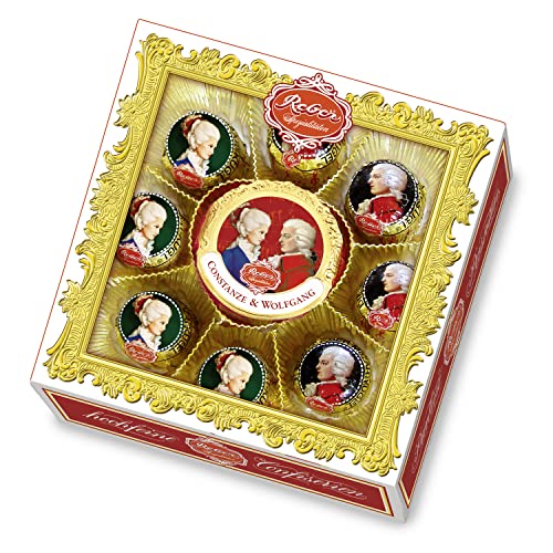 Reber Wolfgang & Constanze Mozart, Mozart-Kugeln, Pastete und Pralinen, Zartbitter- und Alpenmilch-Schokolade, Marzipan, Nougat, Tolles Geschenk, 9er-Packung von Reber